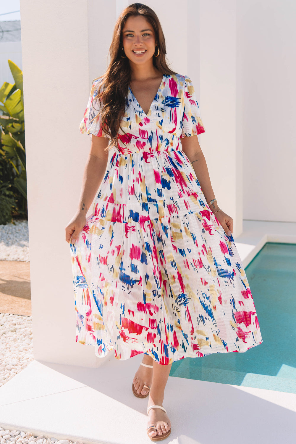 Women's Rose Abstract Print Short Puff Sleeve Summer Maxi Dress