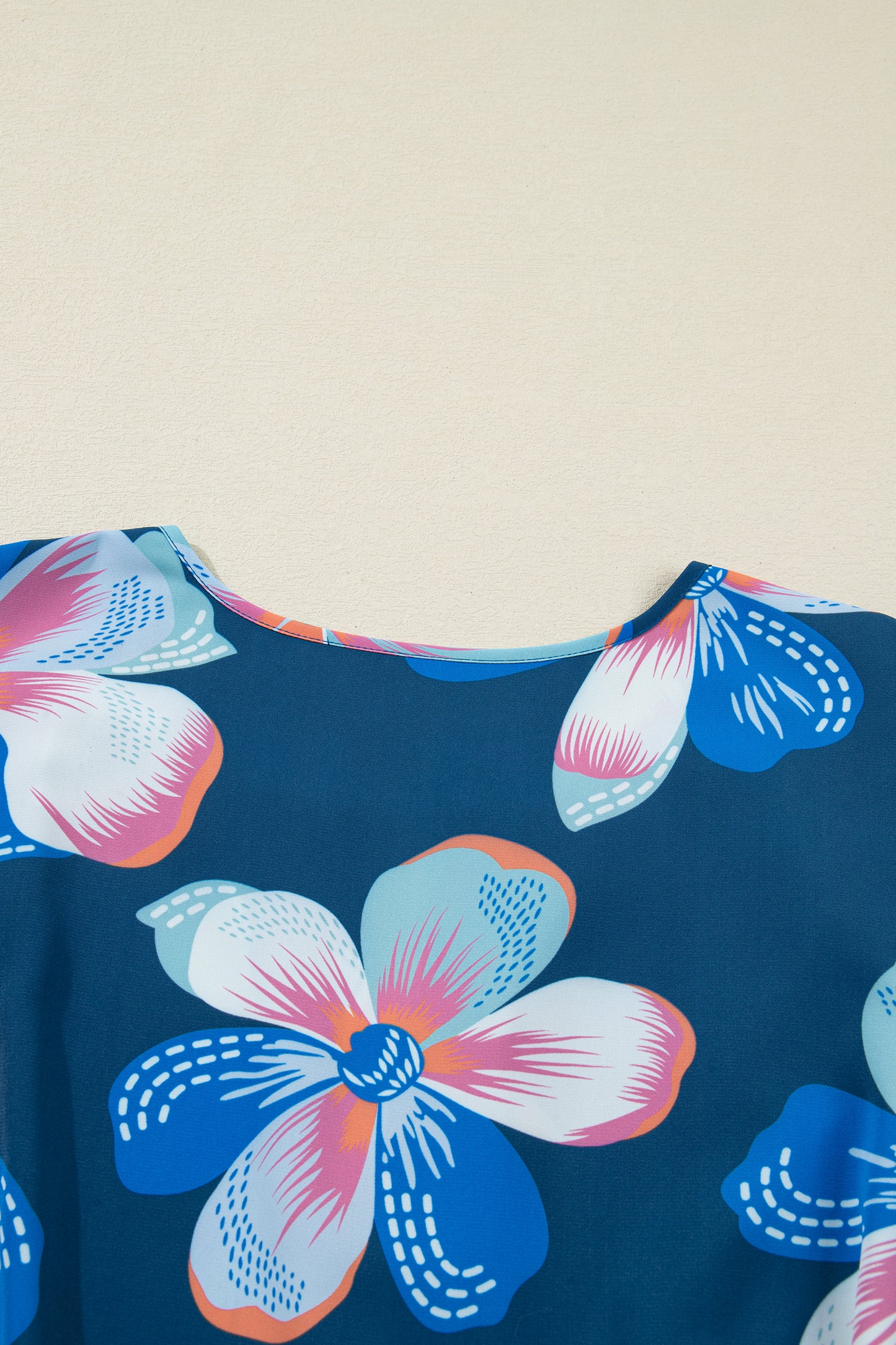 Women's Blue Floral Short Puff Sleeve Summer Midi Dress