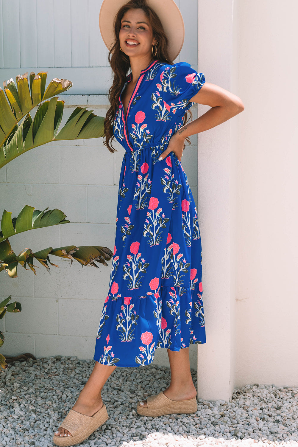 Women's Blue Floral Puff Short Sleeve V Neck Summer Midi Dress