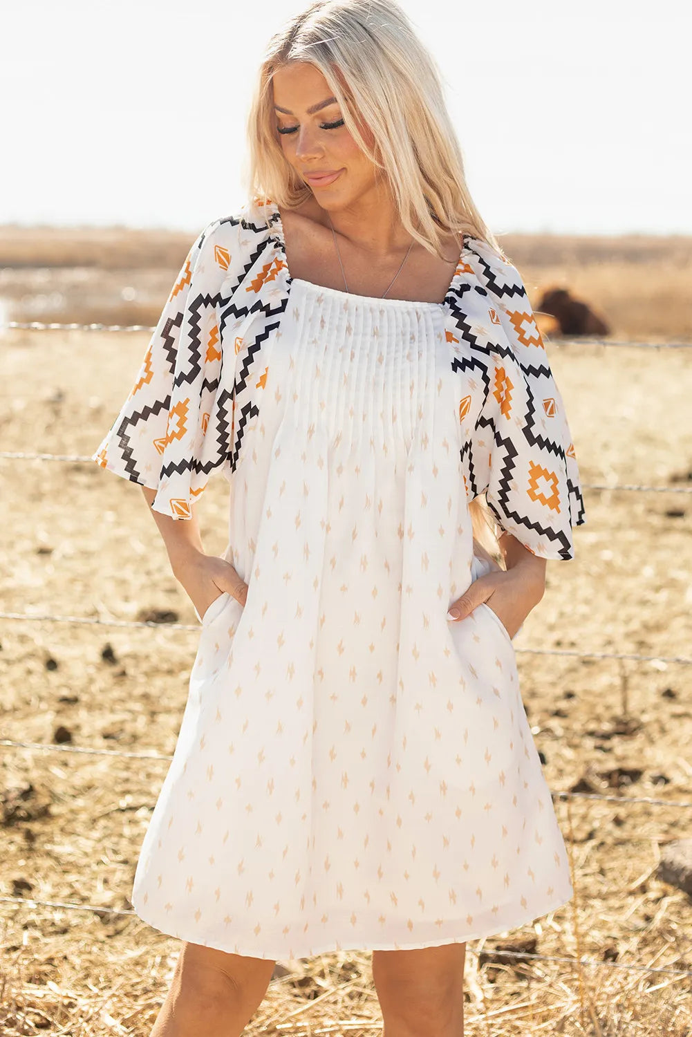 Beige Aztec Print Square Neck Mini Dress