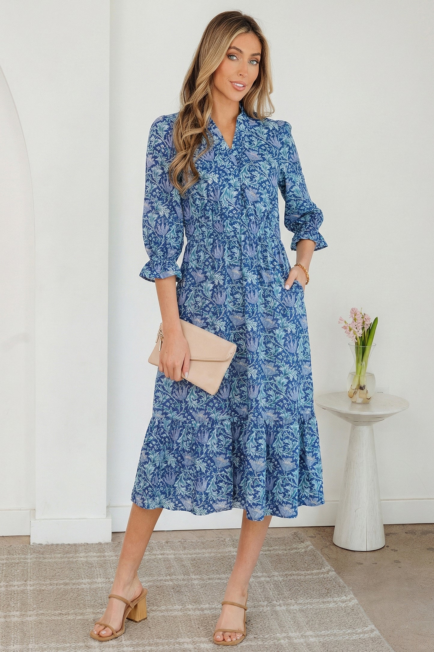 Women's Blue Floral V Neck Summer Midi Dress