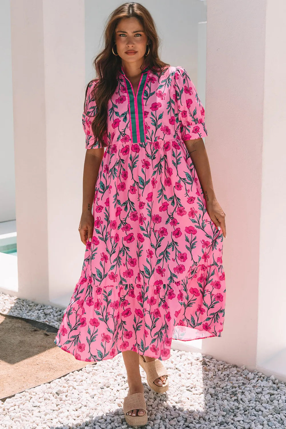 Pink Floral A-line Maxi Dress with Puff Sleeves