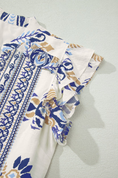 Women's Blue Boho Floral Ruffled Sleeve Summer Mini Dress