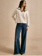 Blanket Stitch Open Collar Cropped Knit Jumper