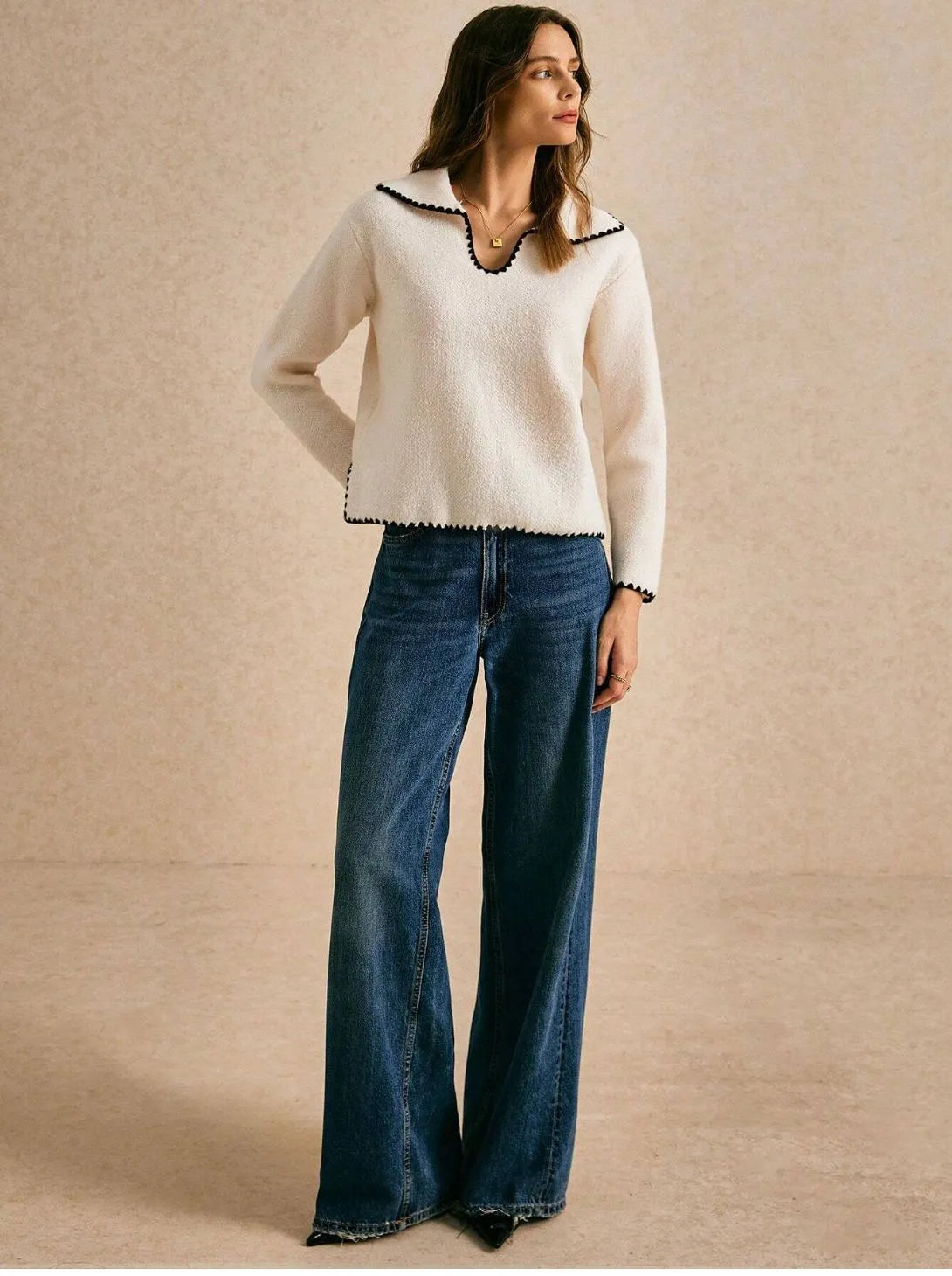 Blanket Stitch Open Collar Cropped Knit Jumper