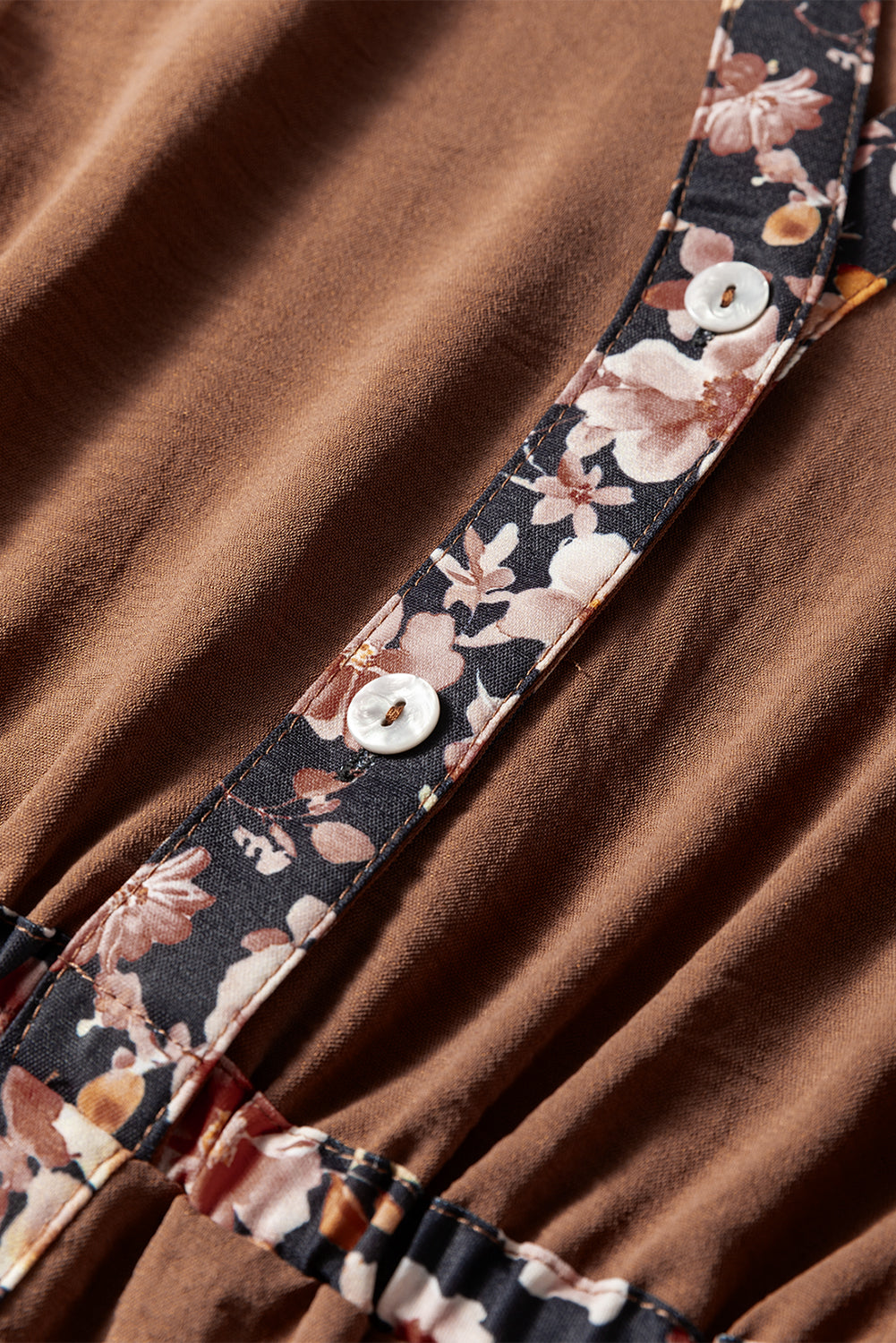 Women's Brown Floral Notched Neck Long Sleeve Summer Maxi Dress