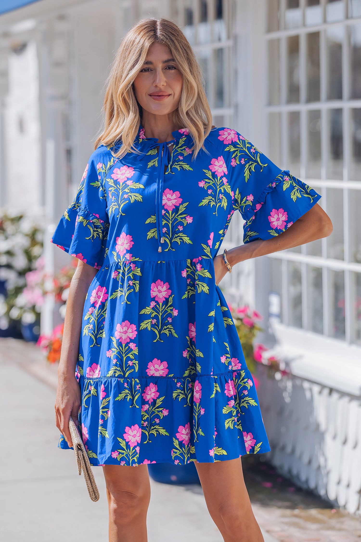 Blue Floral V-Neck Cotton Mini Dress for Women