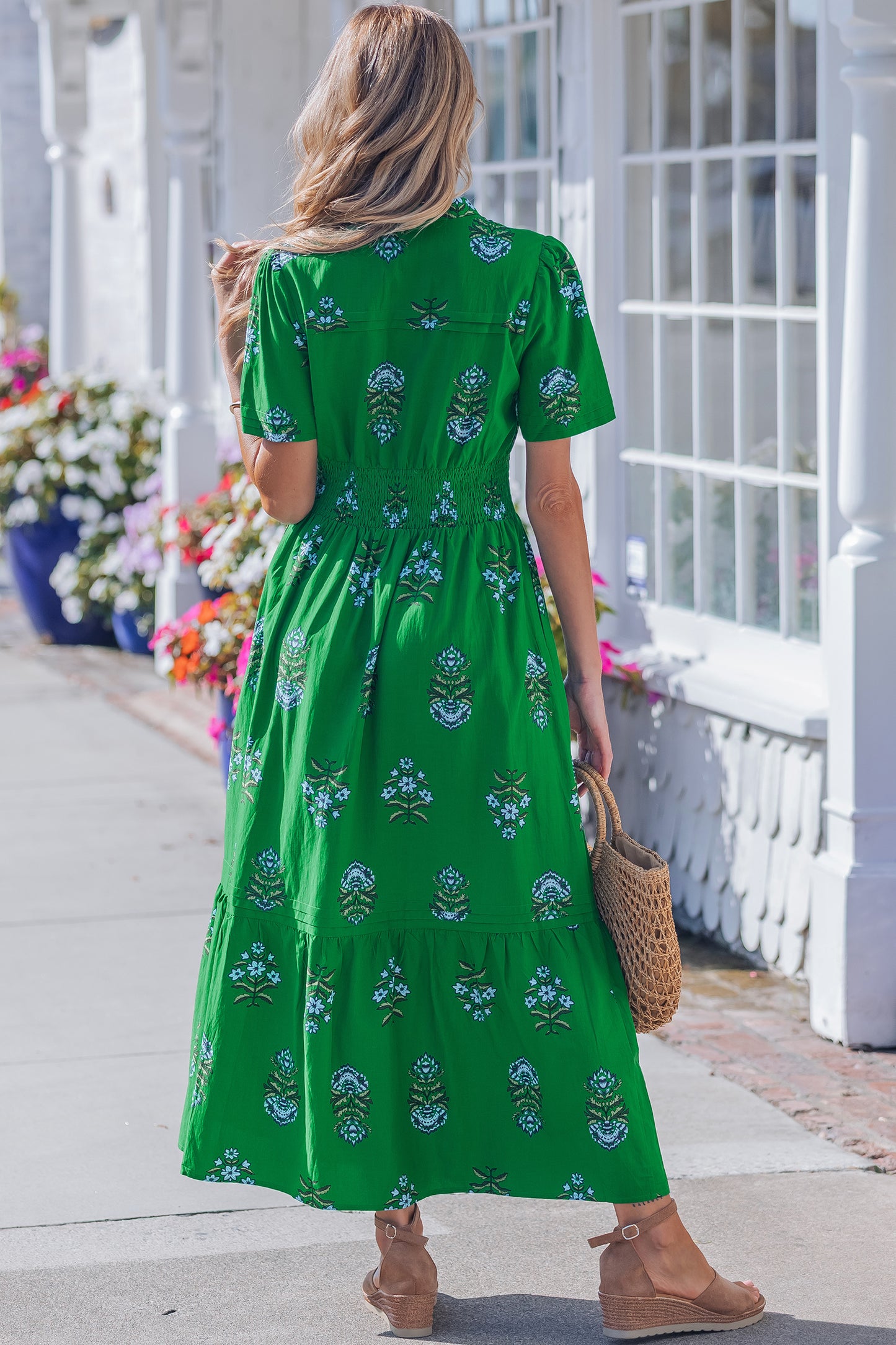 Women's Green Floral High Waist Summer Maxi Dress