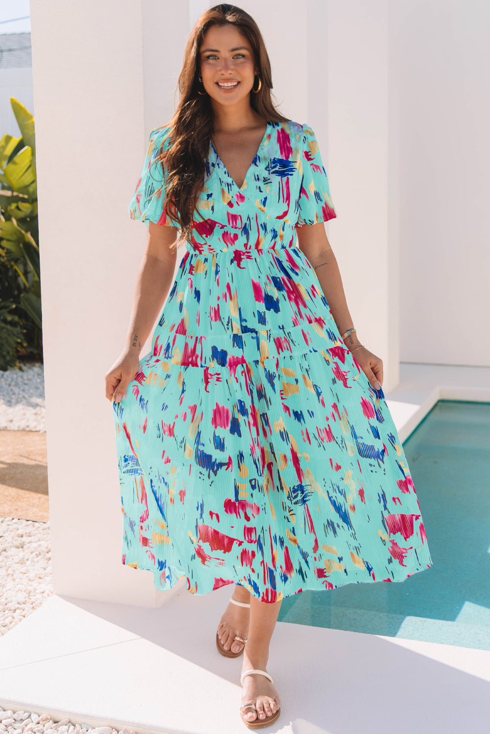 Women's Blue Short Puff Sleeve Summer Midi Dress