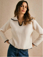 Blanket Stitch Open Collar Cropped Knit Jumper