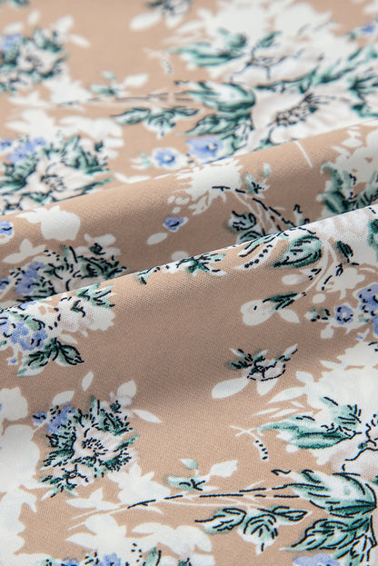 Women's Beige Floral Puff Sleeve Summer Midi Dress