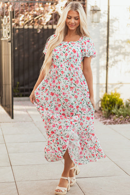 Women's Pink Floral Puff Sleeve Summer Maxi Dress