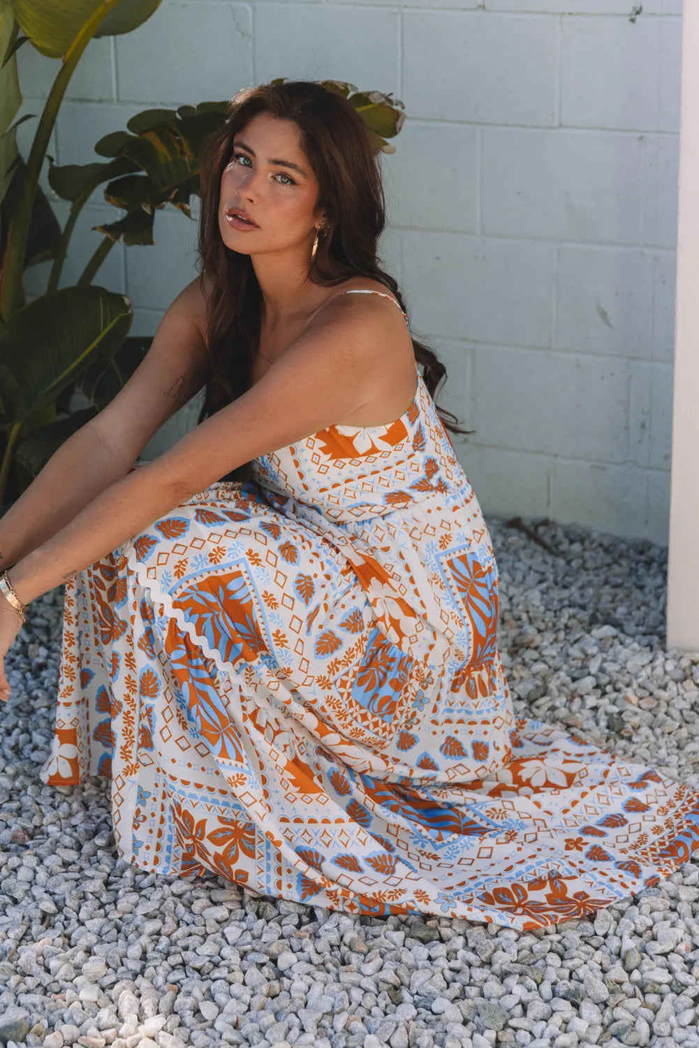 Orange Multi Print Maxi Dress with Ricrac Trim