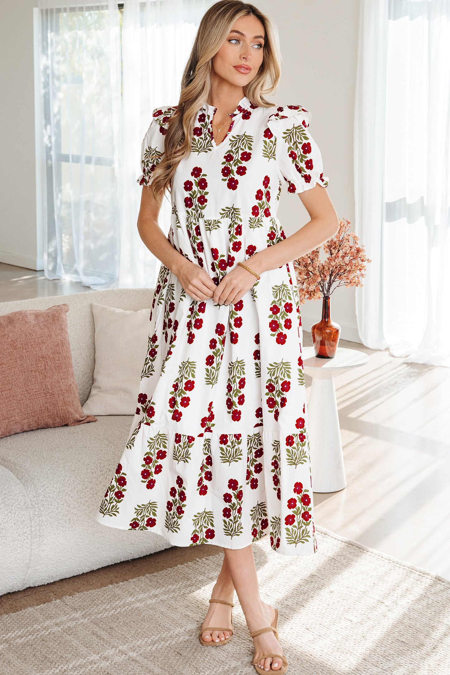 Women's Beige Floral Short Bubble Sleeve Tiered Maxi Dress