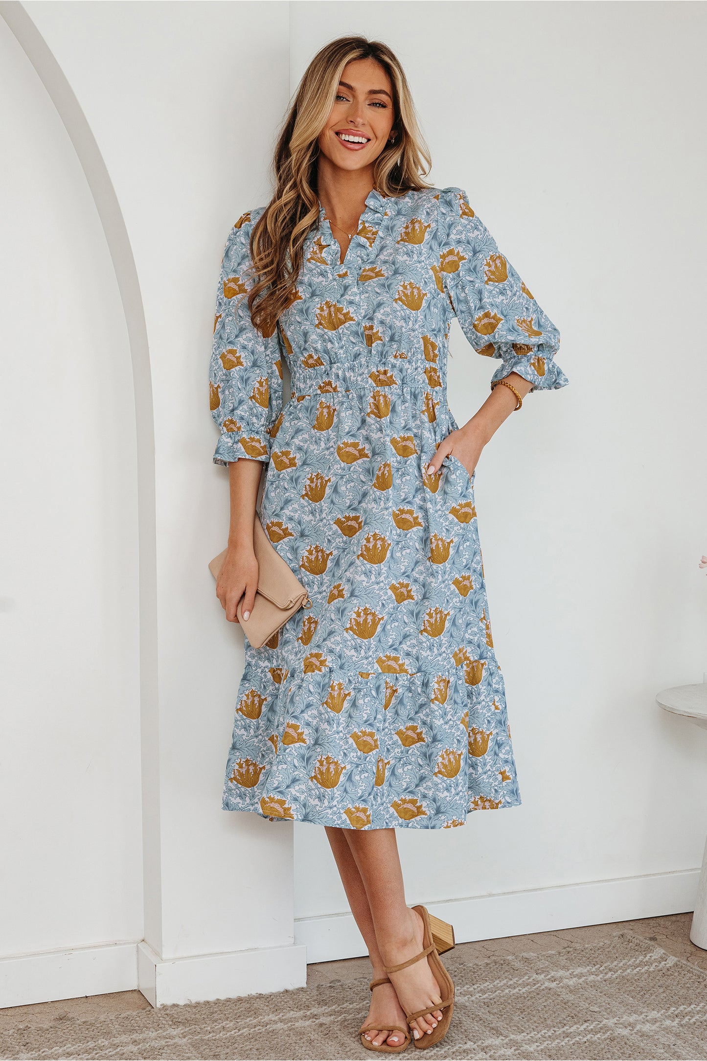 Women's Blue Floral V Neck Summer Midi Dress