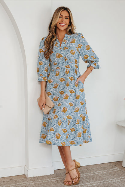 Women's Blue Floral V Neck Summer Midi Dress