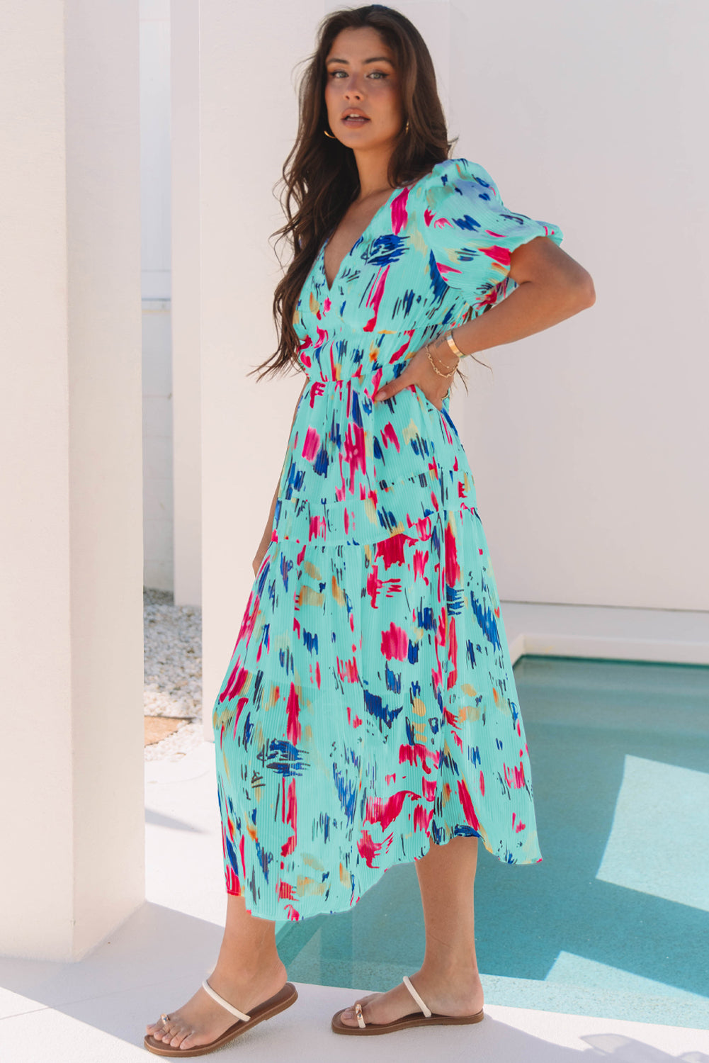 Women's Blue Short Puff Sleeve Summer Midi Dress
