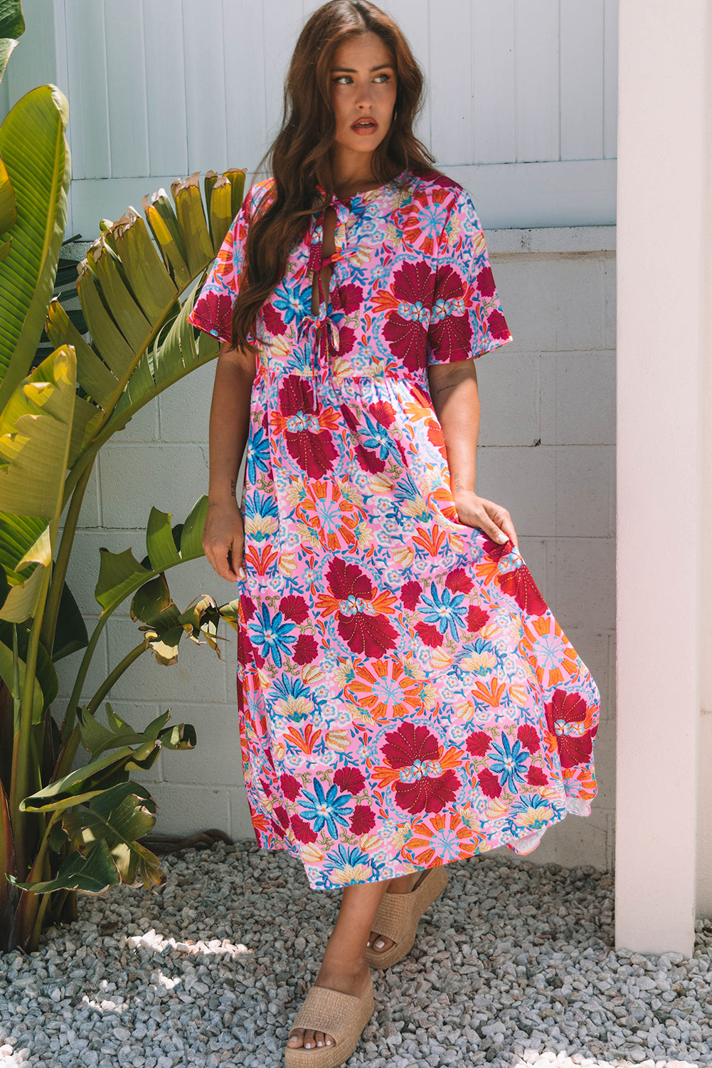 Women's Pink Floral Short Sleeve Summer Midi Dress