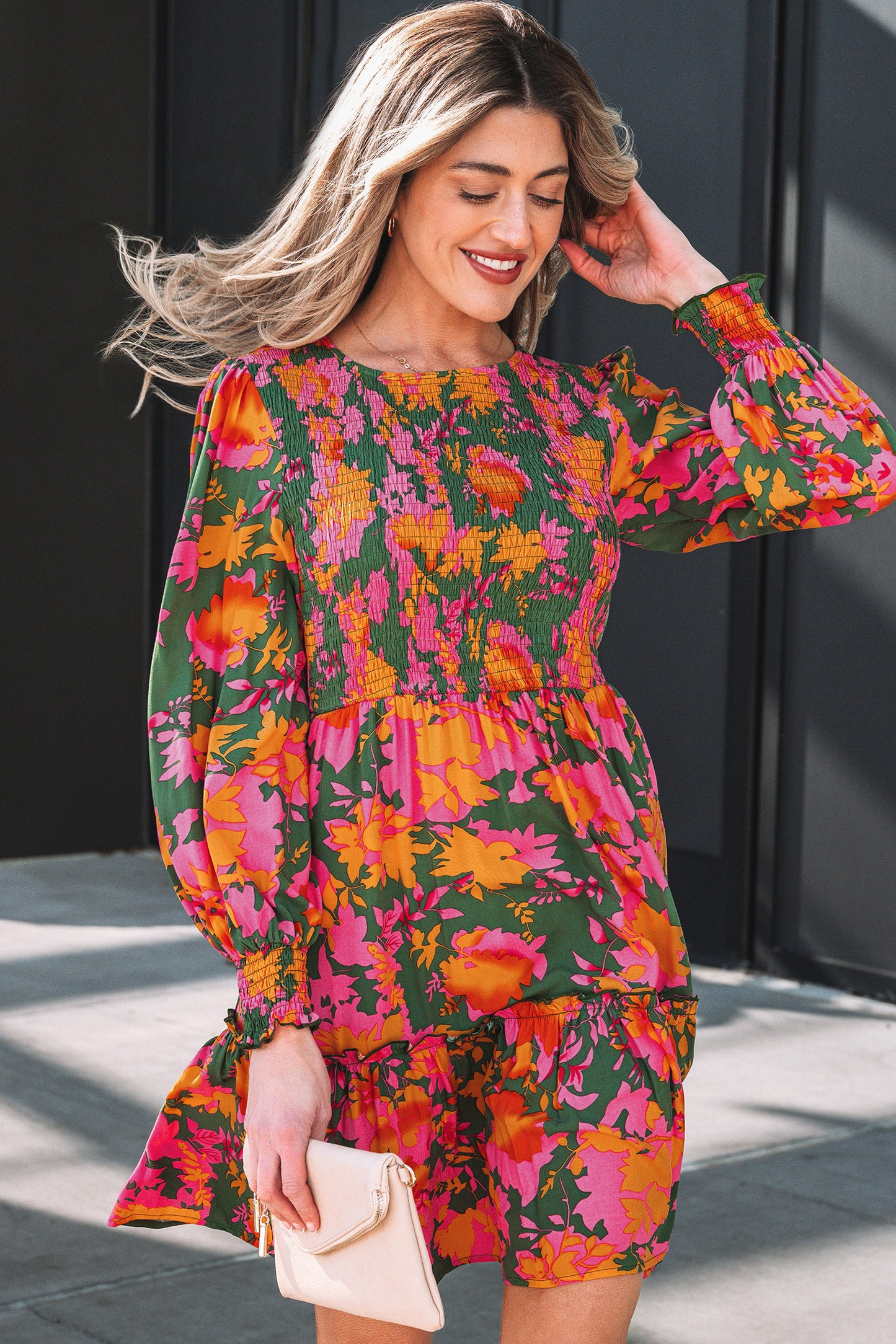 Women's Multicolour Floral Long Sleeve Summer Mini Dress
