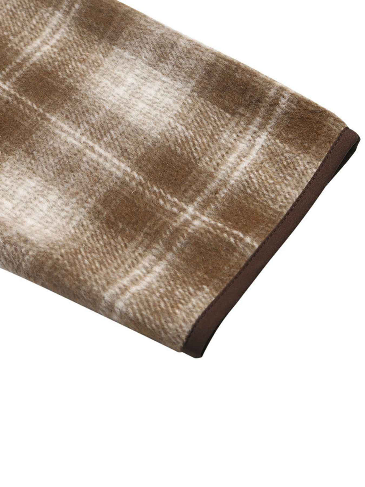 Camel Brushed Check Collarless Jacket with Brown Trim