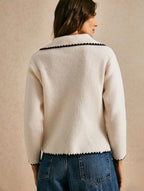 Blanket Stitch Open Collar Cropped Knit Jumper