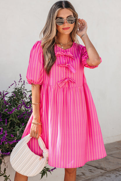 Women's Rose Striped Short Puff Sleeve Summer Mini Dress