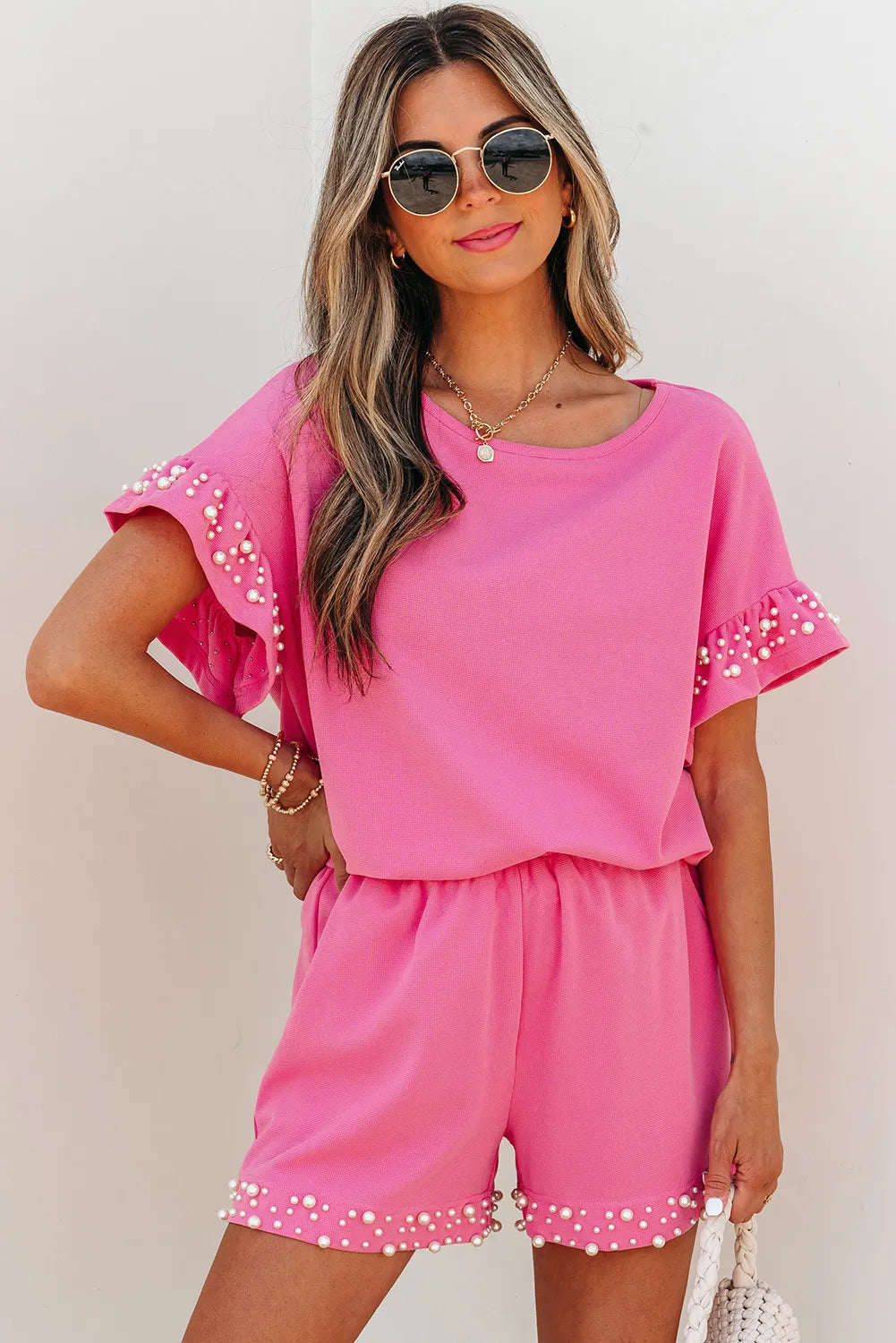 Bright Pink Textured Co-ord Set with Pearled Ruffle Sleeves and Shorts