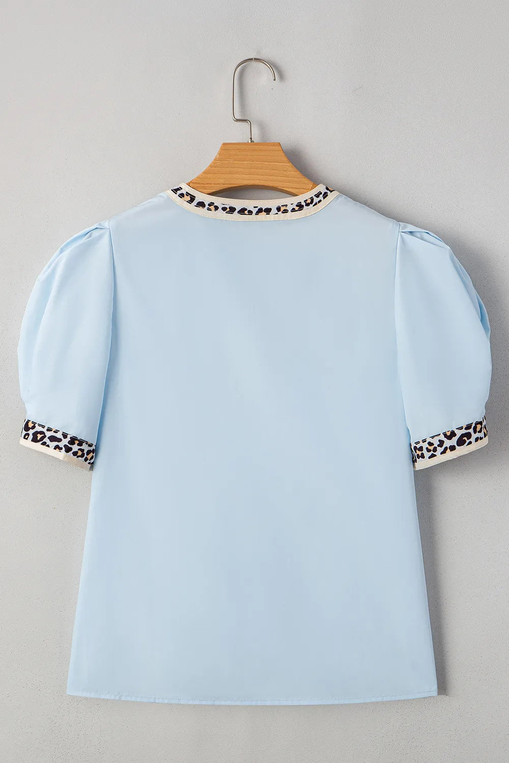 Sky Charm Puff Sleeve Blouse with Leopard Trim