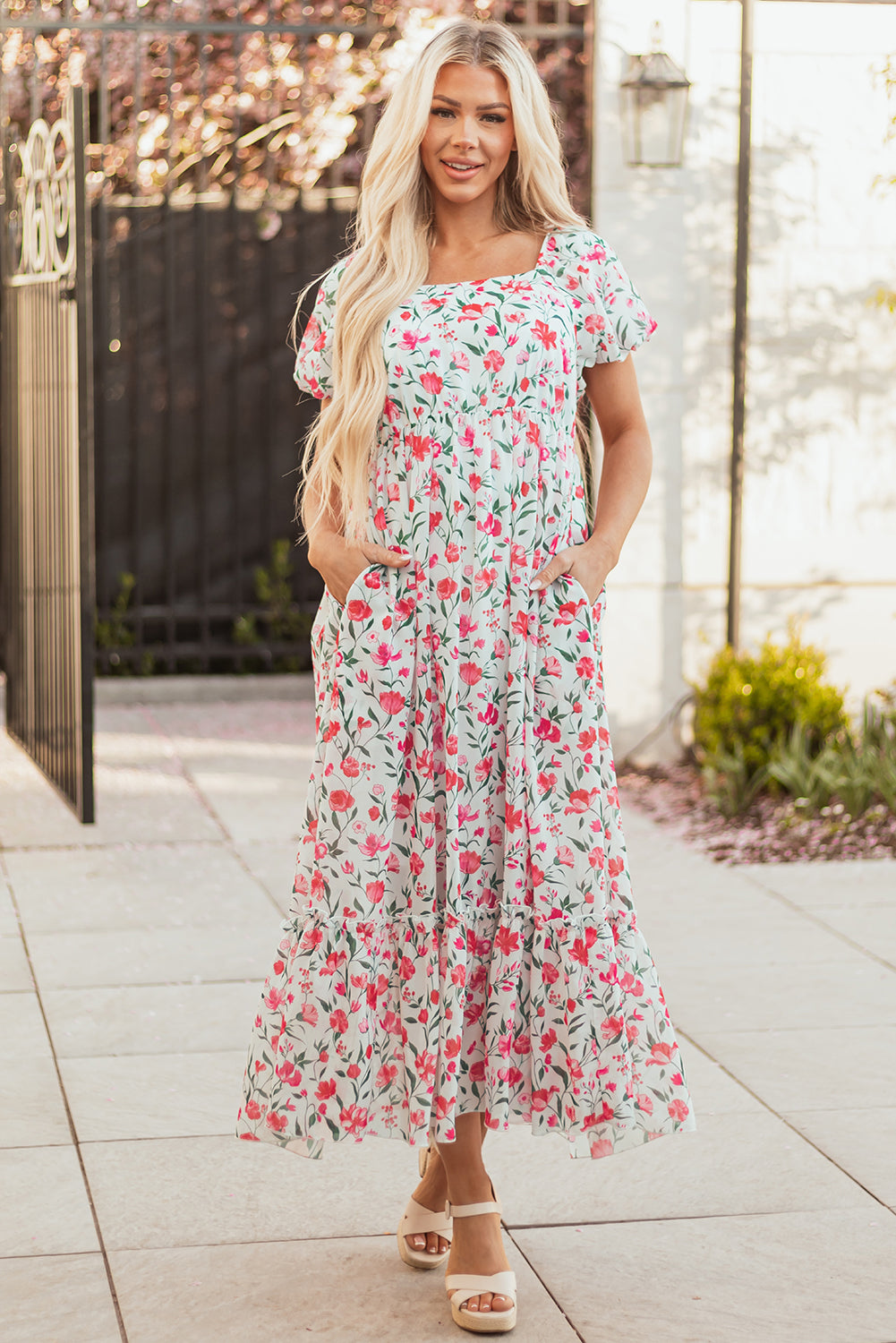 Women's Pink Floral Puff Sleeve Summer Maxi Dress