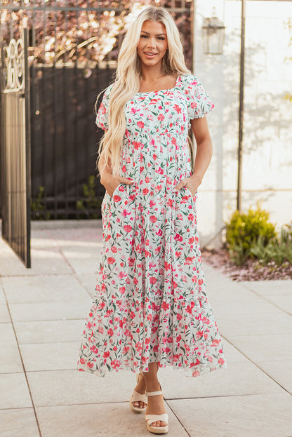 Women's Pink Floral Puff Sleeve Summer Maxi Dress