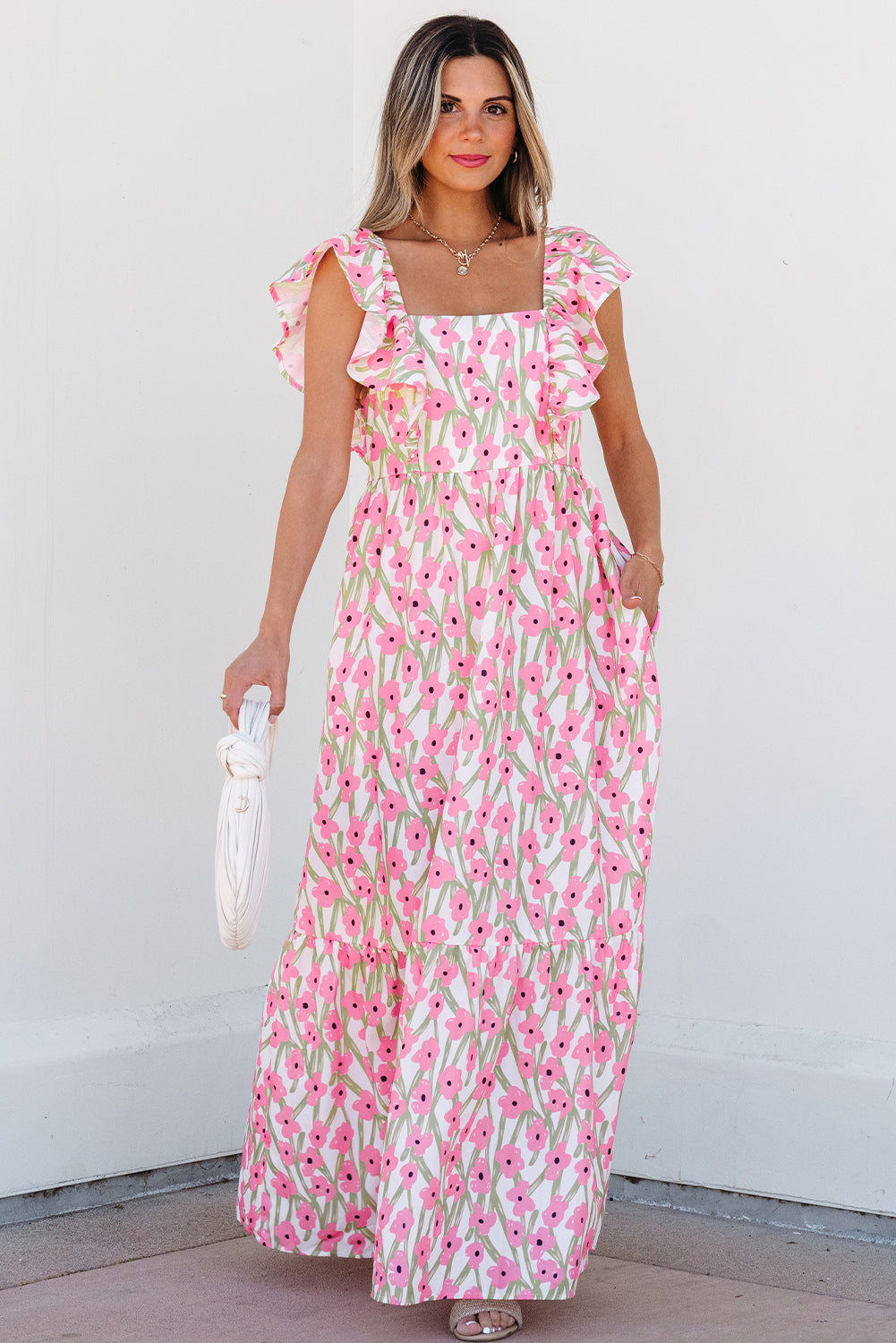 Women's Pink Floral Square Neck Summer Maxi Dress