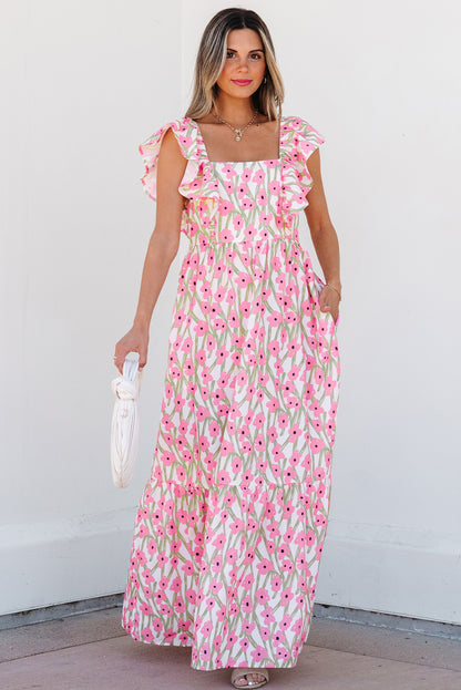 Women's Pink Floral Square Neck Summer Maxi Dress