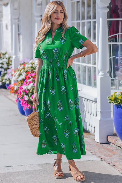 Women's Green Floral High Waist Summer Maxi Dress