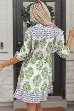 Green Floral Print Contrast Patchwork Ruffle Detail Mini Dress