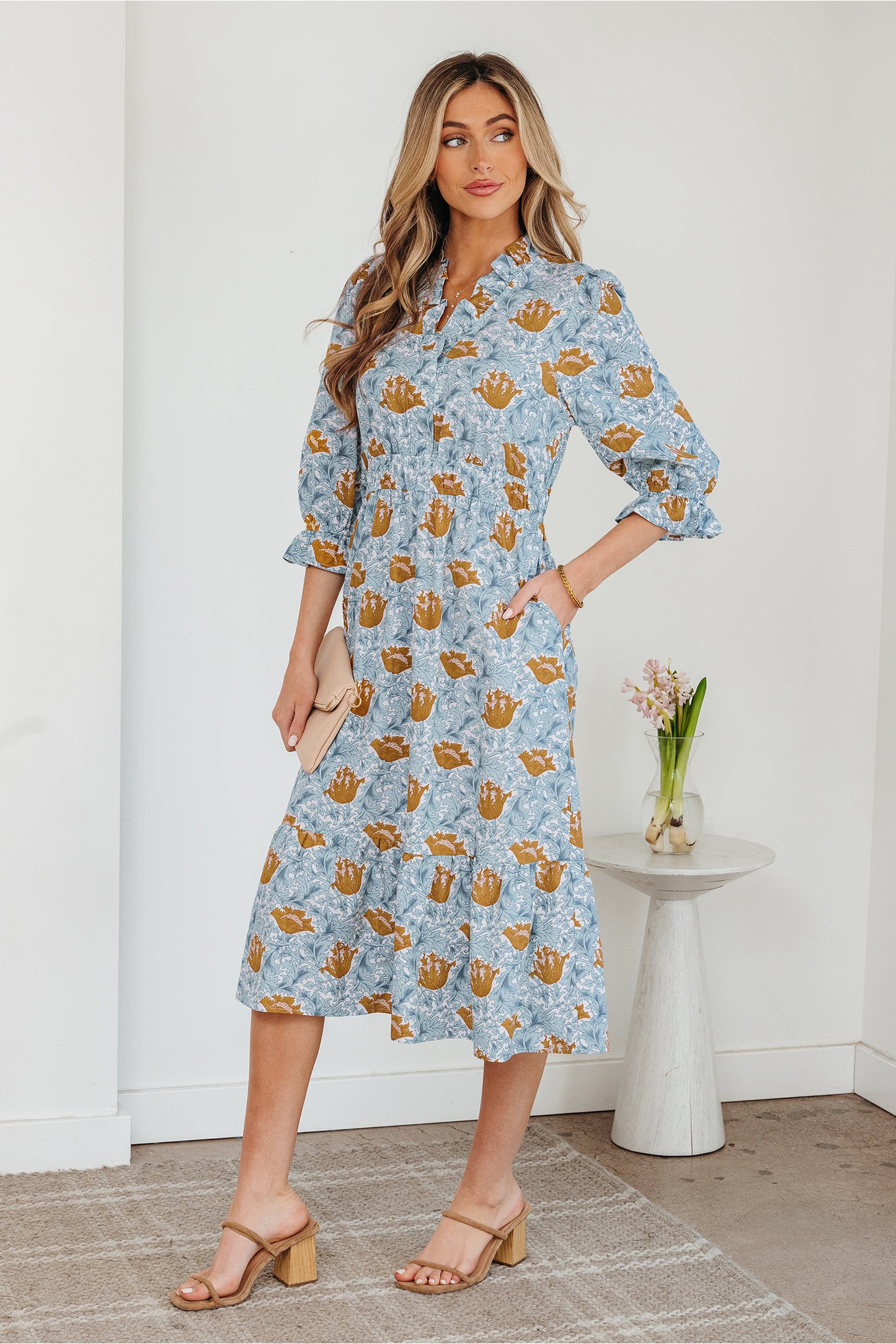 Women's Blue Floral V Neck Summer Midi Dress