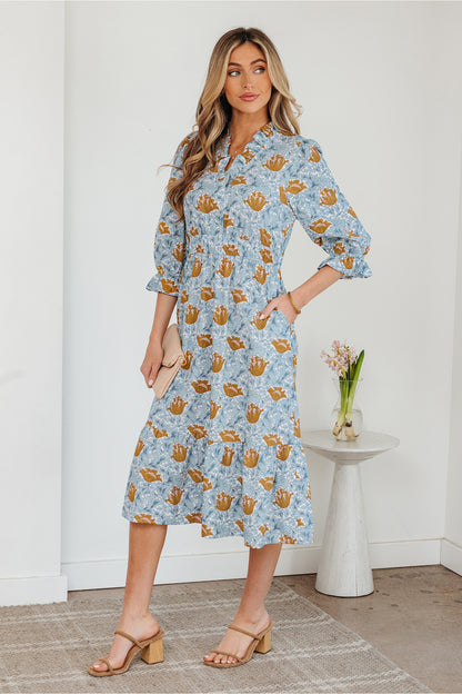 Women's Blue Floral V Neck Summer Midi Dress