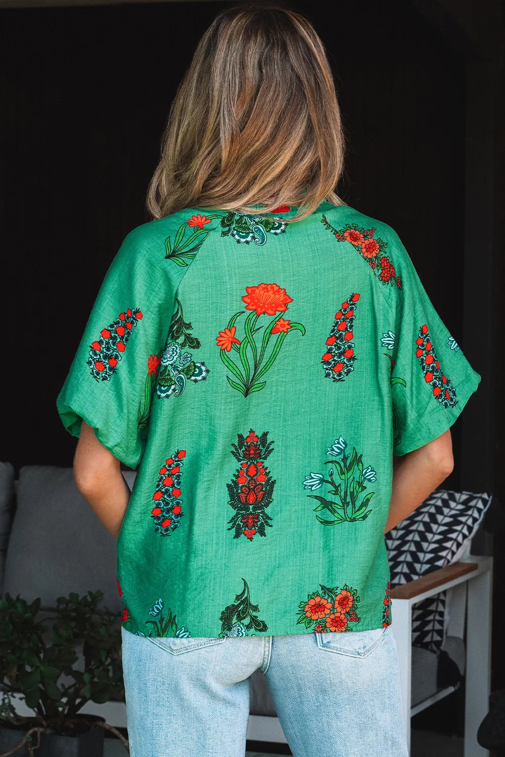 Green Floral V-Neck Blouse with Button Detail