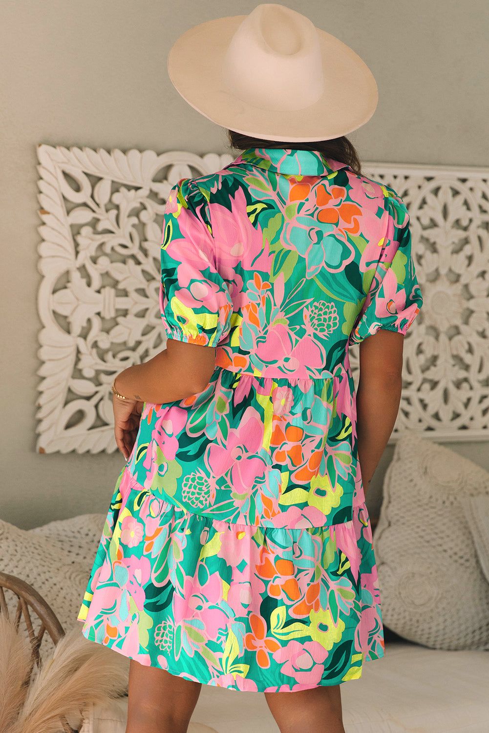 Women's Green Floral Puff Sleeve Summer Mini Dress