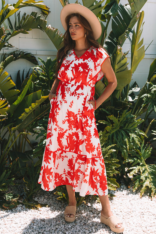 Women's Red Floral V Neck Ruffle Sleeve Summer Midi Dress