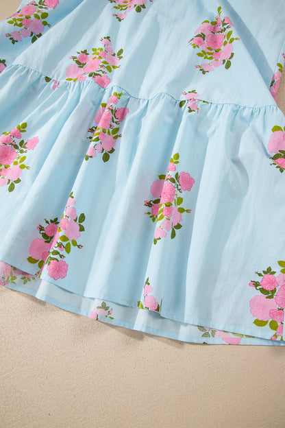 Women's Sky Blue Flutter Short Sleeve Floral Summer Maxi Dress