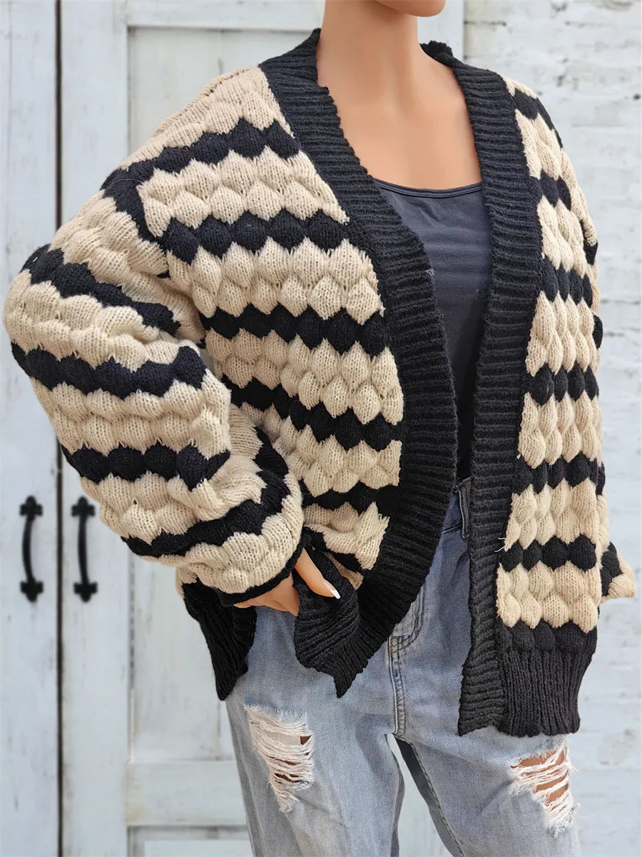 Stripe Bubble Knit Open Front Chunky Cardigan