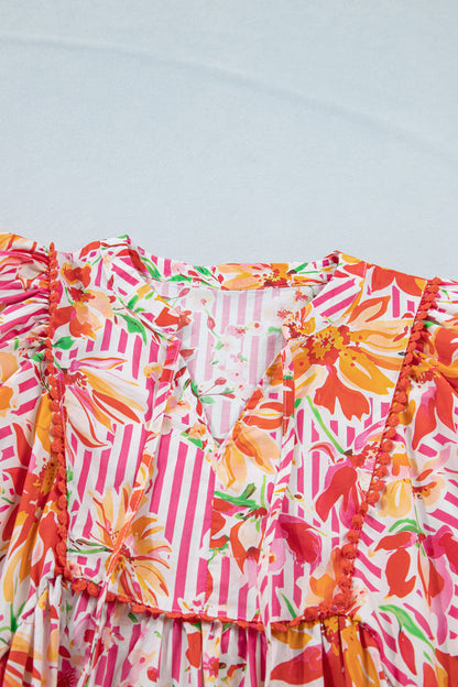 Women's Pink Floral Puff Sleeve Summer Mini Dress
