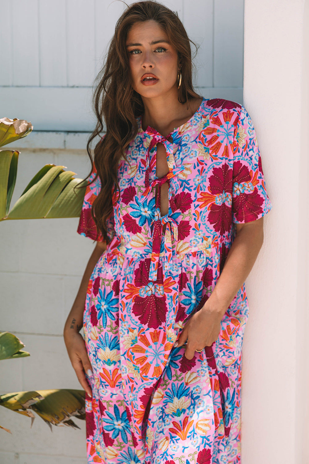 Women's Pink Floral Short Sleeve Summer Midi Dress
