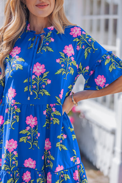 Women's Blue Floral V-Neck Summer Mini Dress