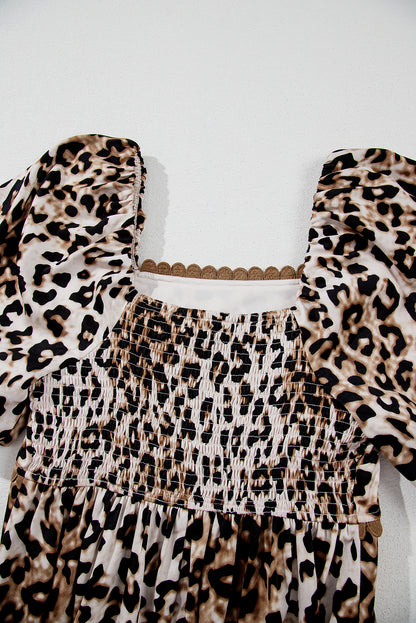 Women's Brown Bubble Sleeve Square Neck Summer Midi Dress