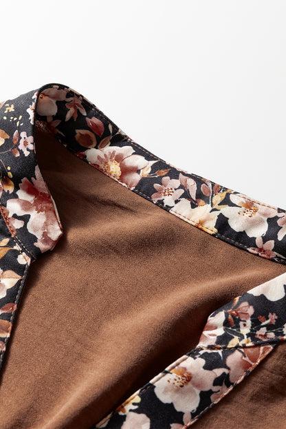Women's Brown Floral Notched Neck Long Sleeve Summer Maxi Dress