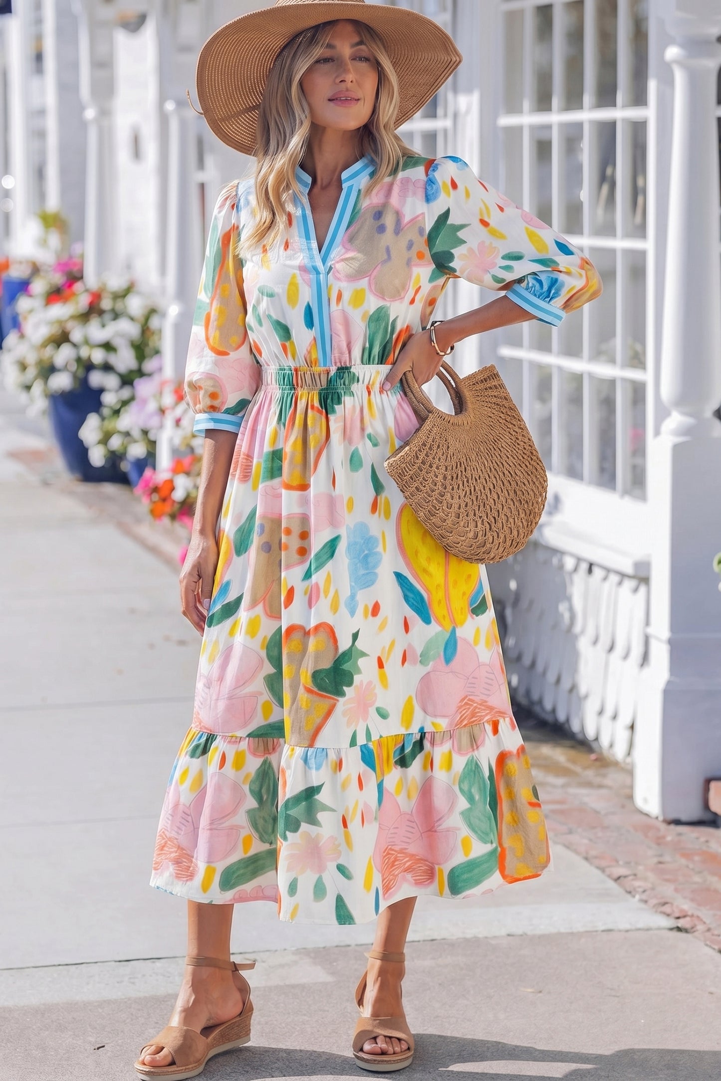 Women's Floral V Neck Summer Midi Dress
