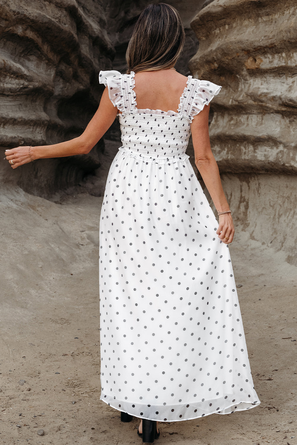 Women's White Polka Dot Flutter Sleeve Square Neck Summer Maxi Dress