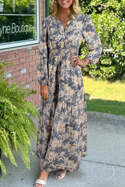Women's Blue Floral High Waist Long Sleeve Summer Maxi Dress