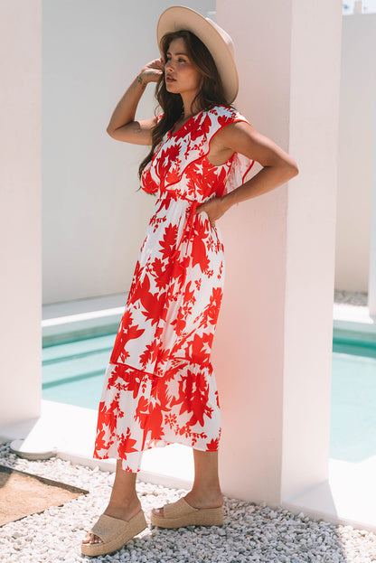 Women's Red Floral V Neck Ruffle Sleeve Summer Midi Dress